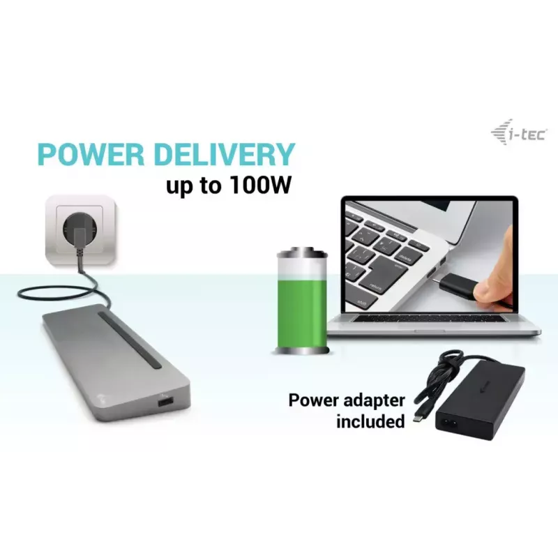 Docking station ergonómica de metal i-tec USB-C 3x 4K con Power Delivery 100 W + cargador universal 100 W