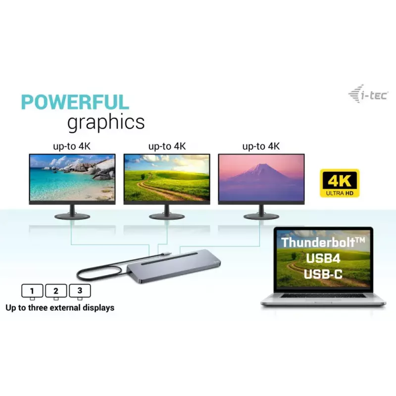 Docking station ergonómica de metal i-tec USB-C 3x 4K con Power Delivery 100 W + cargador universal 100 W