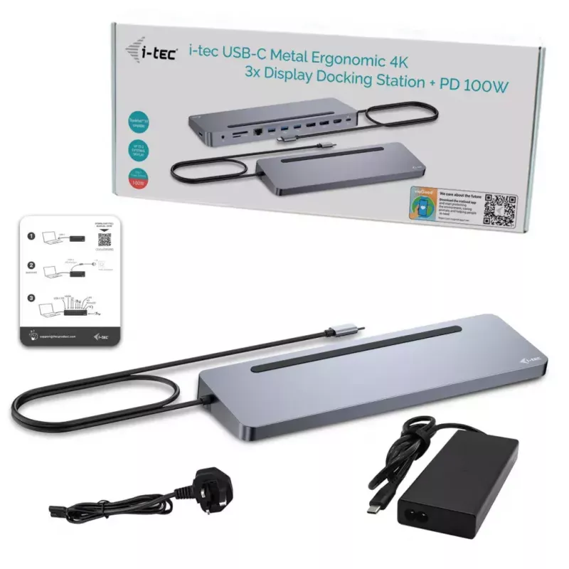 Docking station ergonómica de metal i-tec USB-C 3x 4K con Power Delivery 100 W + cargador universal 100 W