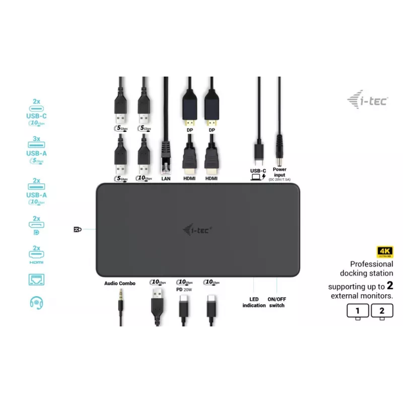 Estación de acoplamiento i-tec USB 3.0 / USB-C / Thunderbolt 3 Professional Dual 4K Display Generation 2 + Power Delivery 100W
