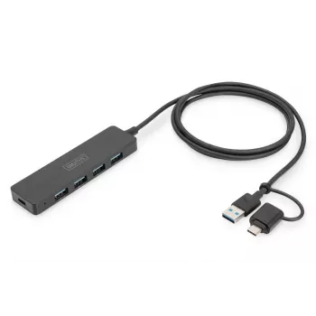 DIGITUS DA-70236 hub USB 3.0 Slim Line, 4 puertos, adaptador USB-C, cable de 1,2 m