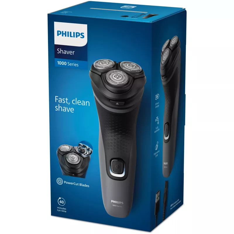 Philips Shaver 1000 Series S1142/00 Afeitadora eléctrica, afeitadora rotativa, negro, gris, sistema de cuchillas PowerCut, SH30, 2 año(s), batería