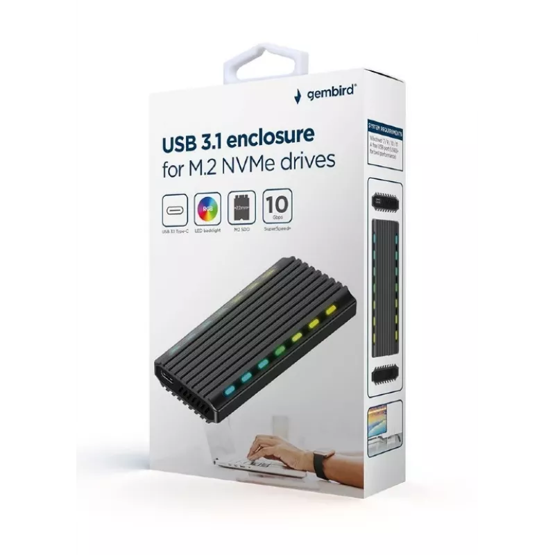 GEMBIRD EE2280-U3C-03 carcasa externa para SSD M.2 NVMe/SATA, USB 3.1 Gen 2 (10 Gbit/s), USB Type-C, RGB, aluminio