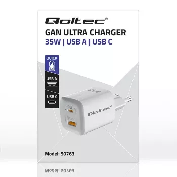 Cargador QOLTEC 50763 — cargador rápido AC de interior 35W, USB-C PD 3.0 + USB-A, 5–20V, Blanco