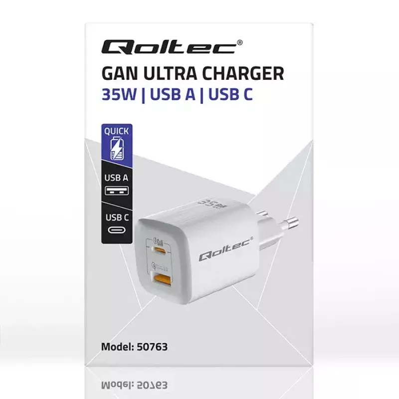 Cargador QOLTEC 50763 — cargador rápido AC de interior 35W, USB-C PD 3.0 + USB-A, 5–20V, Blanco