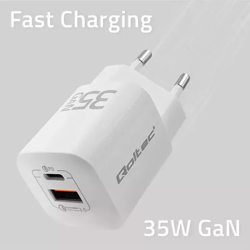 Cargador QOLTEC 50763 — cargador rápido AC de interior 35W, USB-C PD 3.0 + USB-A, 5–20V, Blanco