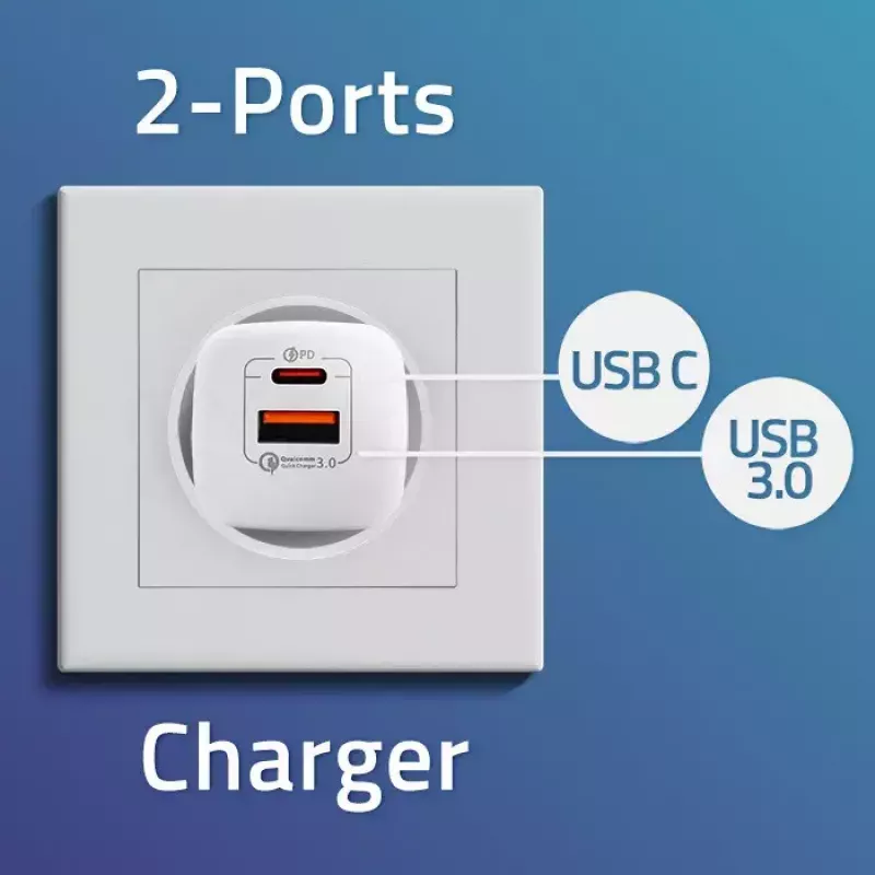 Cargador QOLTEC 50763 — cargador rápido AC de interior 35W, USB-C PD 3.0 + USB-A, 5–20V, Blanco
