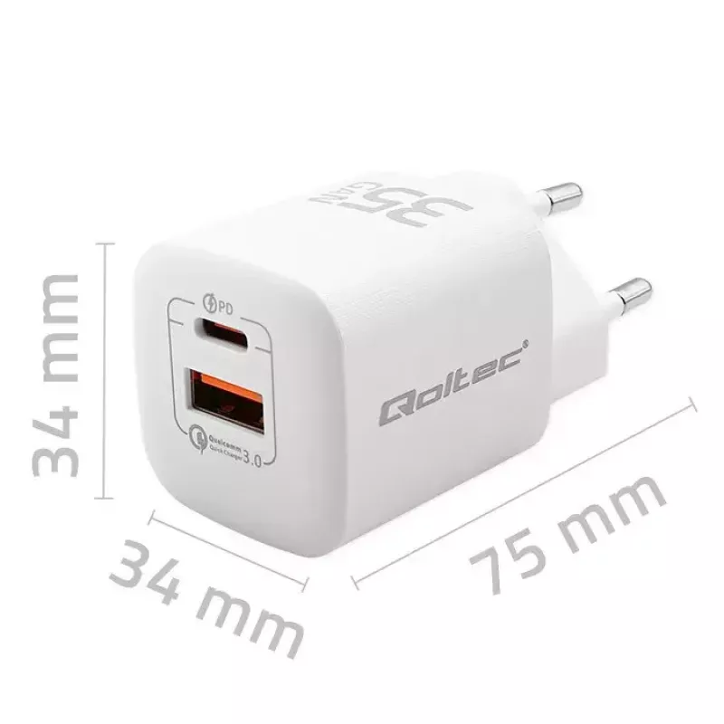 Cargador QOLTEC 50763 — cargador rápido AC de interior 35W, USB-C PD 3.0 + USB-A, 5–20V, Blanco