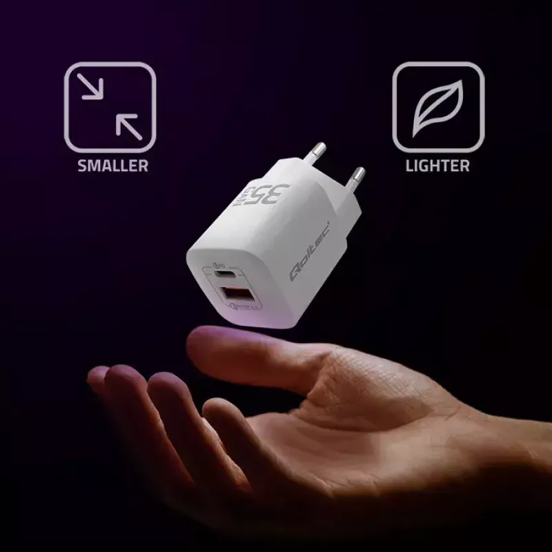 Cargador QOLTEC 50763 — cargador rápido AC de interior 35W, USB-C PD 3.0 + USB-A, 5–20V, Blanco