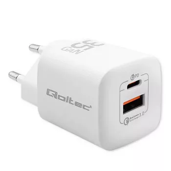 Cargador QOLTEC 50763 — cargador rápido AC de interior 35W, USB-C PD 3.0 + USB-A, 5–20V, Blanco