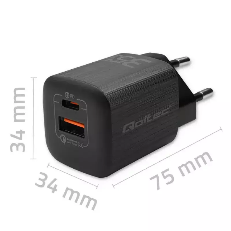 Cargador rápido AC de interior QOLTEC 50764 USB-C 35W PD 3.0 + USB-A, 5–20V, conector Type-C europlug