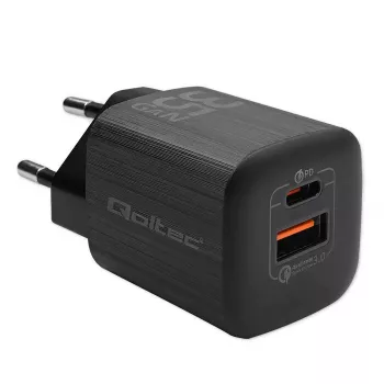 Cargador rápido AC de interior QOLTEC 50764 USB-C 35W PD 3.0 + USB-A, 5–20V, conector Type-C europlug