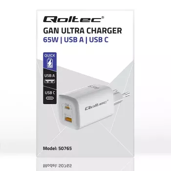 Cargador rápido de CA para interiores QOLTEC 50765 — 65W USB-C PD 3.0 + USB-A, 5–20V, conector macho Type-C euro, 2 dispositivos