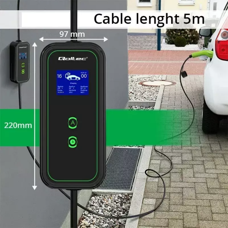 Cargador de pared para vehículo eléctrico QOLTEC Cargador móvil 52470 Type 2 3,5 kW 230 V con LCD