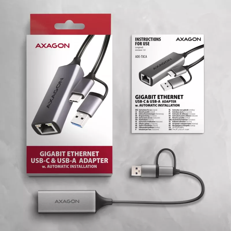 Adaptador Axagon ADE-TXCA USB-C + USB-A 3.2 Gen 1 - Gigabit Ethernet, Asix AX88179