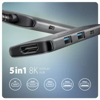 Hub Axagon HMC-5H8K USB 5Gbps 2x USB-A USB-C HDMI 8k/30Hz PD 100W cable USB-C con cable USB 3.2 Gen 1 (3.1 Gen 1) Type-C Gris