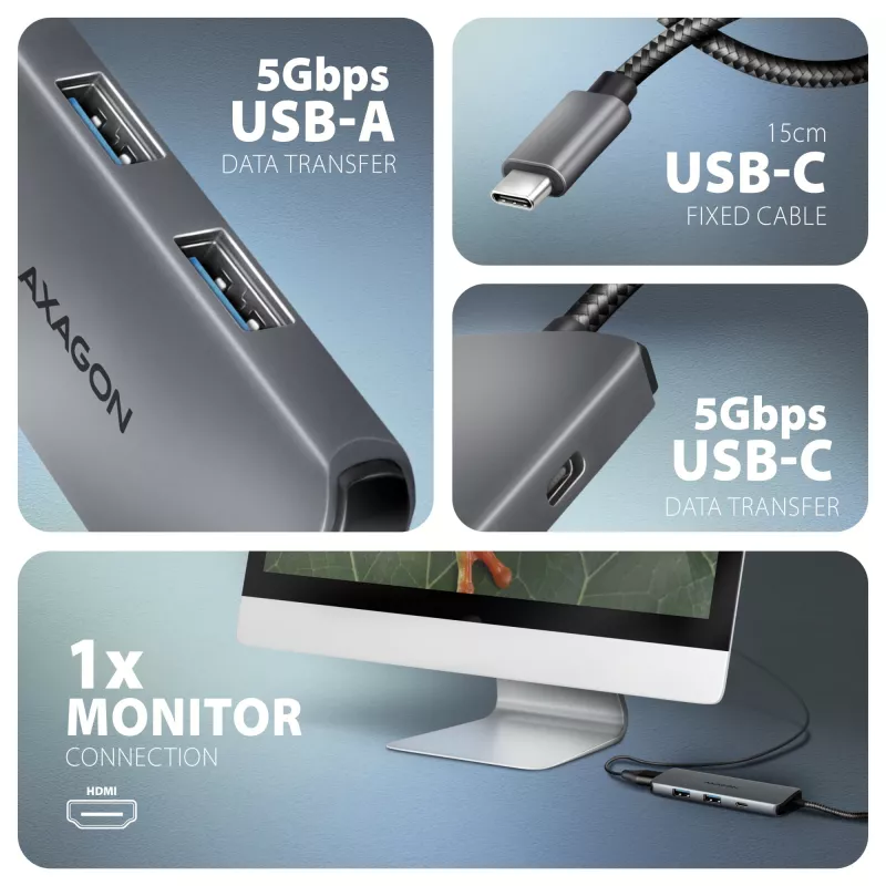Hub Axagon HMC-5H8K USB 5Gbps 2x USB-A USB-C HDMI 8k/30Hz PD 100W cable USB-C con cable USB 3.2 Gen 1 (3.1 Gen 1) Type-C Gris
