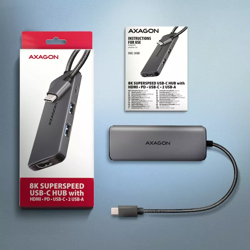Hub Axagon HMC-5H8K USB 5Gbps 2x USB-A USB-C HDMI 8k/30Hz PD 100W cable USB-C con cable USB 3.2 Gen 1 (3.1 Gen 1) Type-C Gris