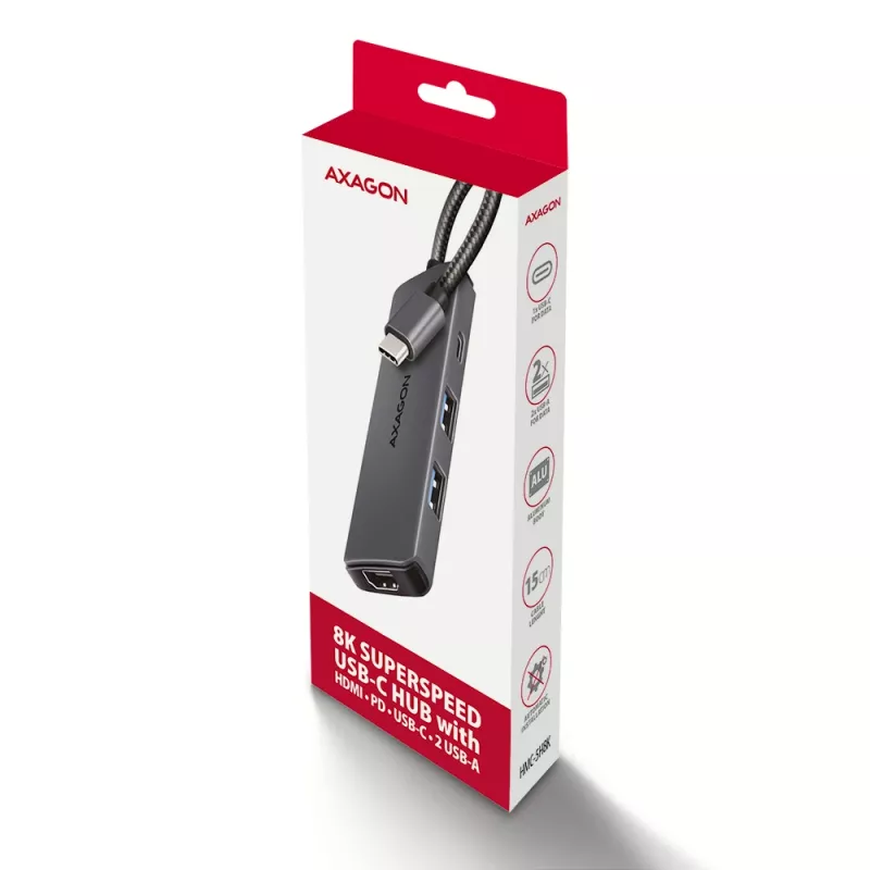 Hub Axagon HMC-5H8K USB 5Gbps 2x USB-A USB-C HDMI 8k/30Hz PD 100W cable USB-C con cable USB 3.2 Gen 1 (3.1 Gen 1) Type-C Gris