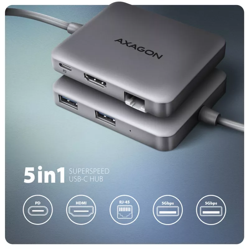 Hub Axagon HMC-5HL USB 5Gbps, 2x USB-A, HDMI 4K/60Hz, RJ-45, PD 100W, cable USB-C de 20cm