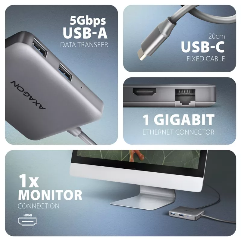 Hub Axagon HMC-5HL USB 5Gbps, 2x USB-A, HDMI 4K/60Hz, RJ-45, PD 100W, cable USB-C de 20cm
