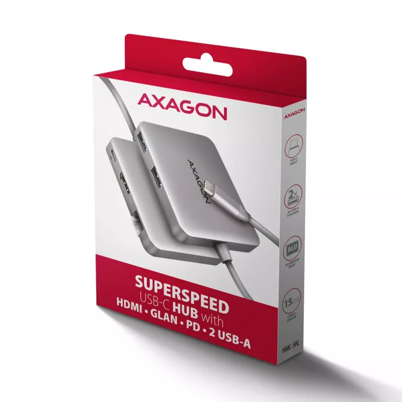 Hub Axagon HMC-5HL USB 5Gbps, 2x USB-A, HDMI 4K/60Hz, RJ-45, PD 100W, cable USB-C de 20cm