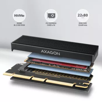 Adaptador Axagon PCEM2-XS PCIe x16 - M.2 NVMe M-Key, con disipador de aluminio pasivo
