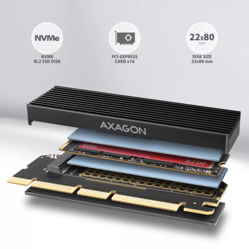 Adaptador Axagon PCEM2-XS PCIe x16 - M.2 NVMe M-Key, con disipador de aluminio pasivo