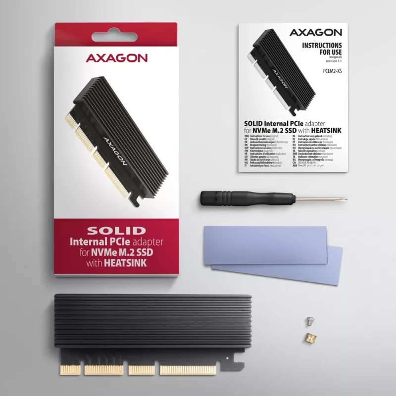 Adaptador Axagon PCEM2-XS PCIe x16 - M.2 NVMe M-Key, con disipador de aluminio pasivo