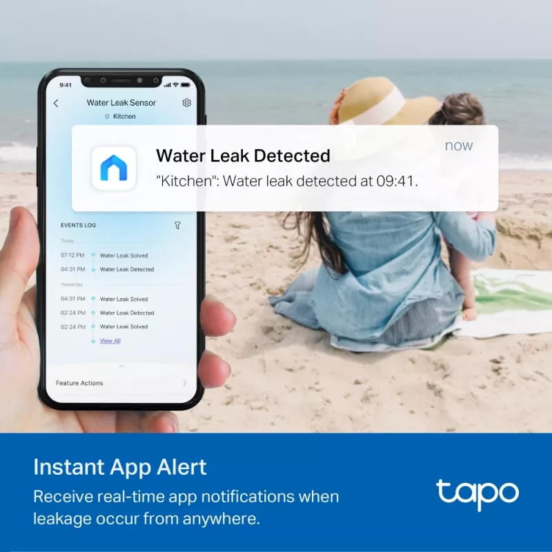 Sensor de fugas de agua TP-Link Tapo T300 Wi‑Fi, alarma ajustable 90 dB, IP67, batería (2×AAA), requiere hub
