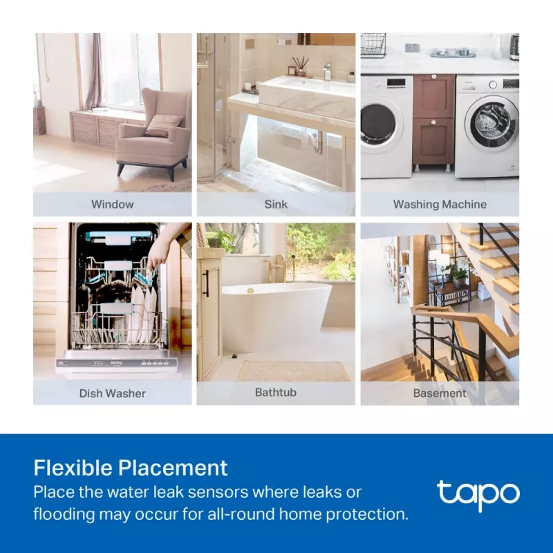 Sensor de fugas de agua TP-Link Tapo T300 Wi‑Fi, alarma ajustable 90 dB, IP67, batería (2×AAA), requiere hub