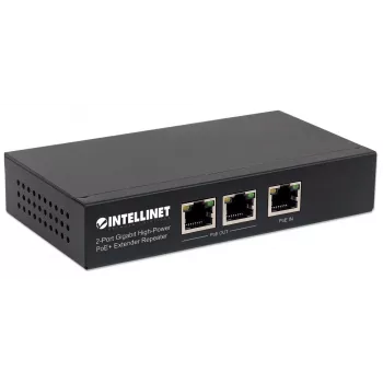 Extensor repetidor PoE+ Intellinet de 2 puertos Gigabit High-Power, IEEE 802.3at/af Power over Ethernet (PoE+/PoE), metal