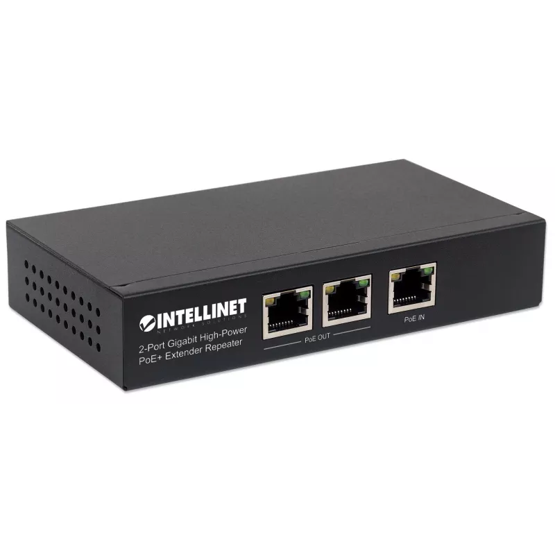 Extensor repetidor PoE+ Intellinet de 2 puertos Gigabit High-Power, IEEE 802.3at/af Power over Ethernet (PoE+/PoE), metal