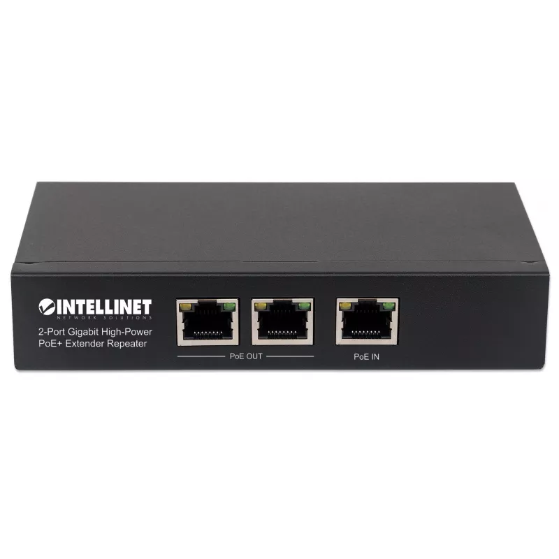 Extensor repetidor PoE+ Intellinet de 2 puertos Gigabit High-Power, IEEE 802.3at/af Power over Ethernet (PoE+/PoE), metal