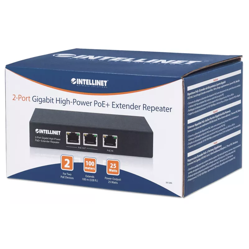 Extensor repetidor PoE+ Intellinet de 2 puertos Gigabit High-Power, IEEE 802.3at/af Power over Ethernet (PoE+/PoE), metal