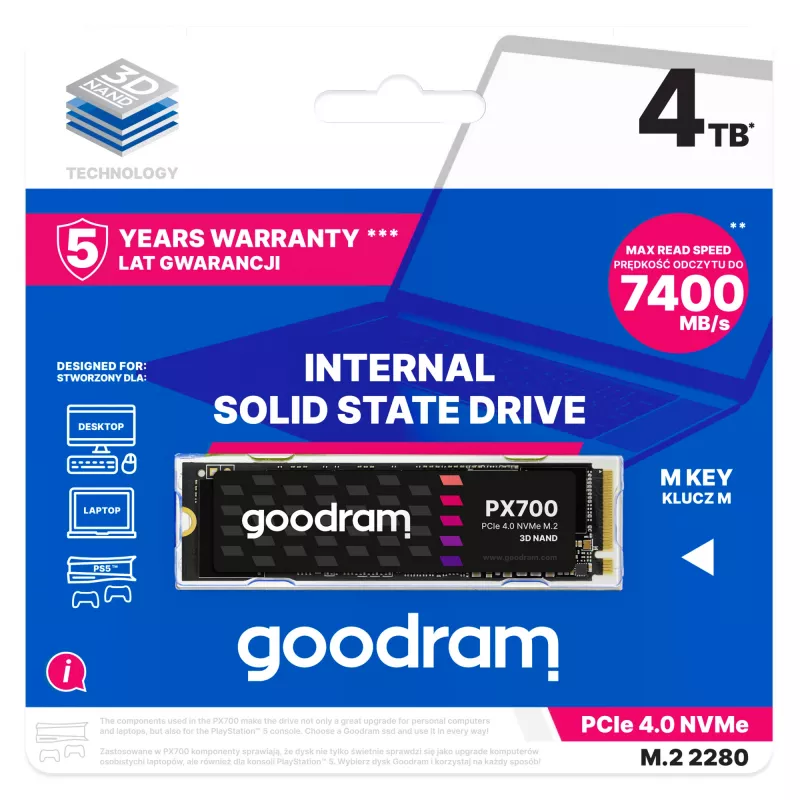 Goodram PX700 SSD SSDPR-PX700-04T-80 unidad de estado sólido interna 4 TB M.2 PCI Express 4.0 NVMe 3D NAND