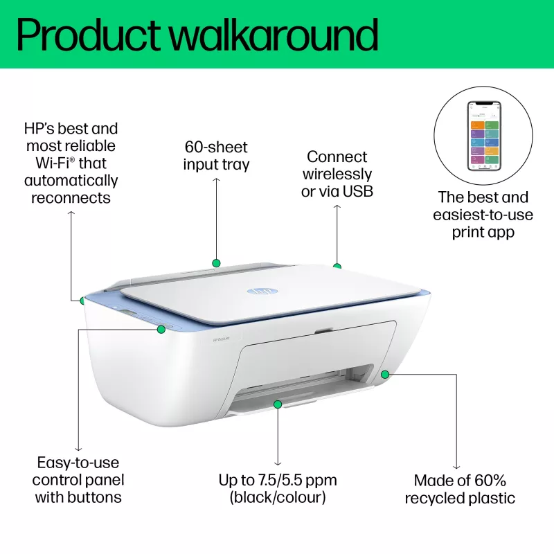 HP DeskJet 2822e Impresora en color inalámbrica 3 en 1, Instant Ink; Copiadora, Escáner