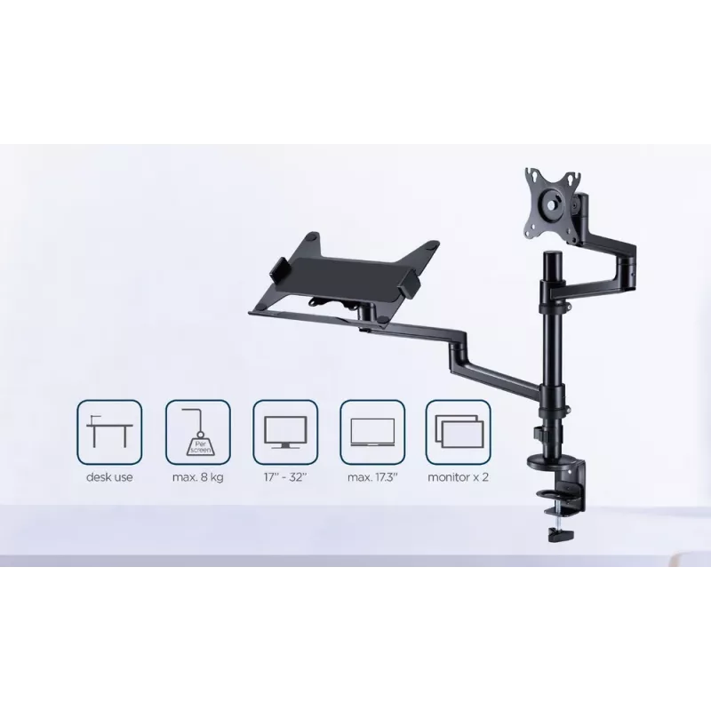 Gembird MA-DA-04 soporte de escritorio ajustable con brazo para monitor y bandeja para portátil, 17–32 pulgadas