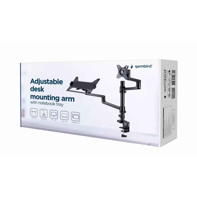 Gembird MA-DA-04 soporte de escritorio ajustable con brazo para monitor y bandeja para portátil, 17–32 pulgadas