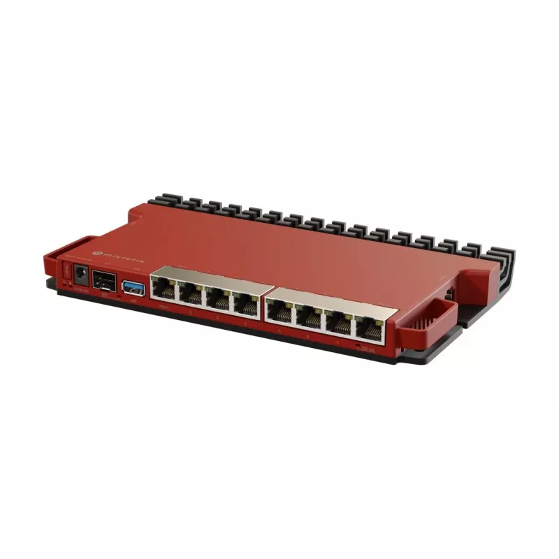 Router cableado MikroTik L009UiGS-RM — 8x RJ-45, 2,5 Gigabit Ethernet, 1x SFP, 1x USB, CPU 800 MHz, 512 MB RAM, rojo