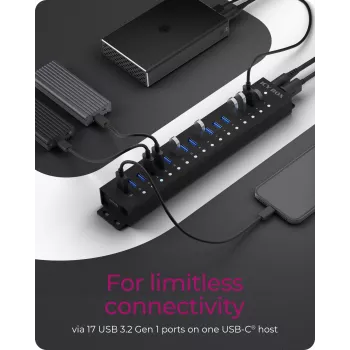 ICY BOX Hub de 17 puertos con interfaz USB 3.2 Gen 1 Type-A, USB 3.2 Gen 1 (3.1 Gen 1) Type-A, USB 3.2 Gen 1 (3.1 Gen 1) Type-A, USB Type-B, 5000 Mbit/s, negro, China, DC