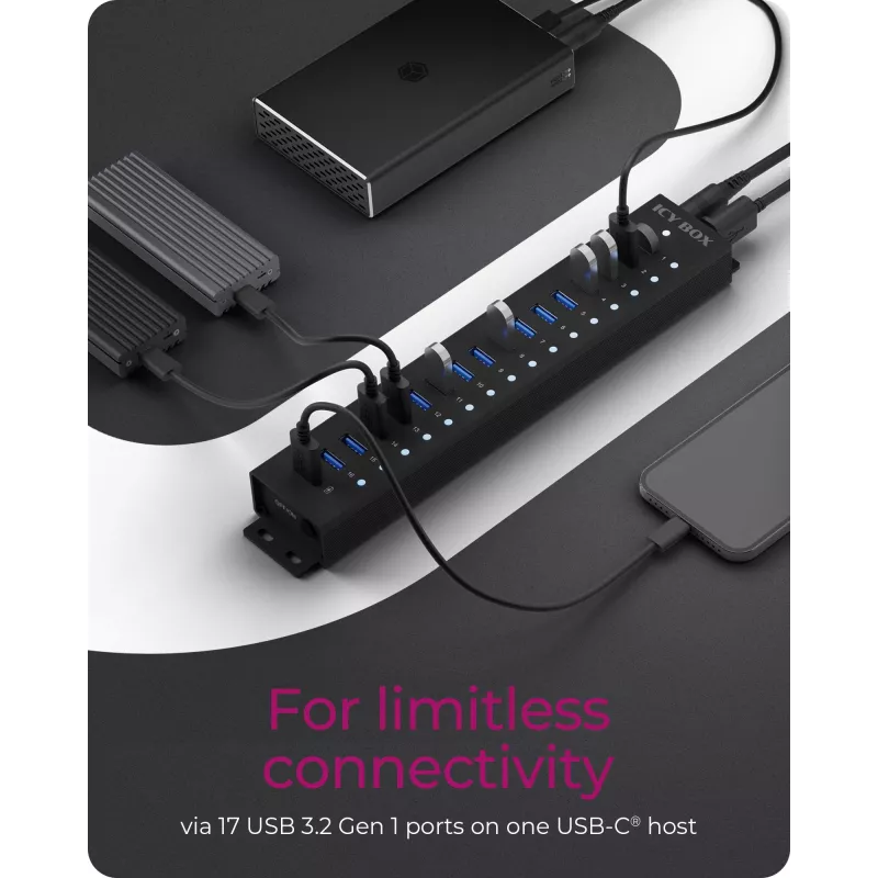 ICY BOX Hub de 17 puertos con interfaz USB 3.2 Gen 1 Type-A, USB 3.2 Gen 1 (3.1 Gen 1) Type-A, USB 3.2 Gen 1 (3.1 Gen 1) Type-A, USB Type-B, 5000 Mbit/s, negro, China, DC