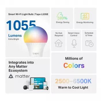 TP-Link Tapo Bombilla inteligente, Multicolor, Matter, bombilla inteligente, Wi-Fi/Bluetooth, blanca, 802.11b, 802.11g, Wi-Fi 4 (802.11n), WPA-PSK, WPA2-PSK, WPA3-SAE, LED