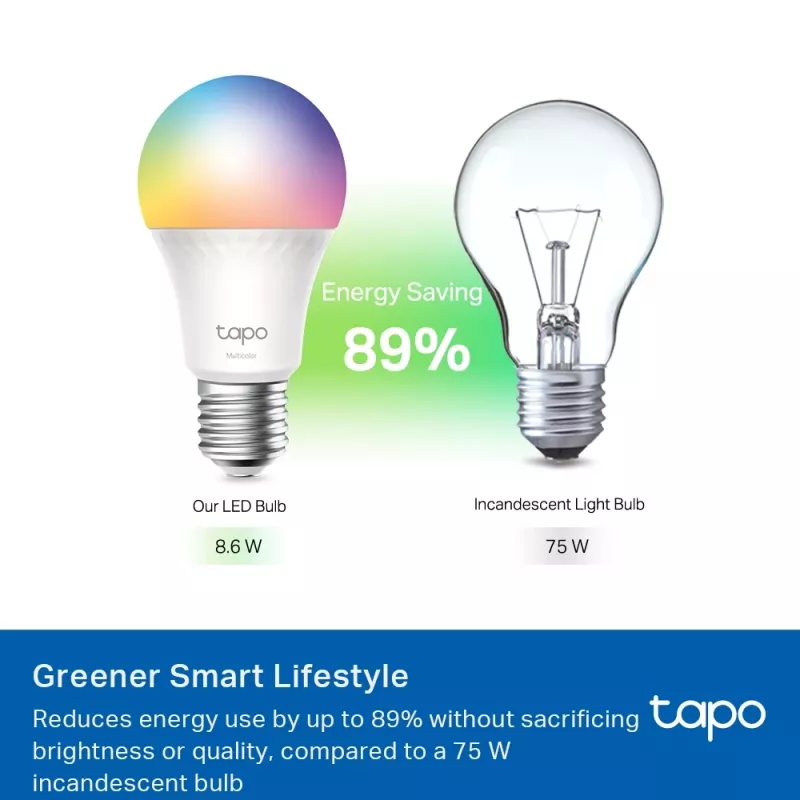 TP-Link Tapo Bombilla inteligente, Multicolor, Matter, bombilla inteligente, Wi-Fi/Bluetooth, blanca, 802.11b, 802.11g, Wi-Fi 4 (802.11n), WPA-PSK, WPA2-PSK, WPA3-SAE, LED