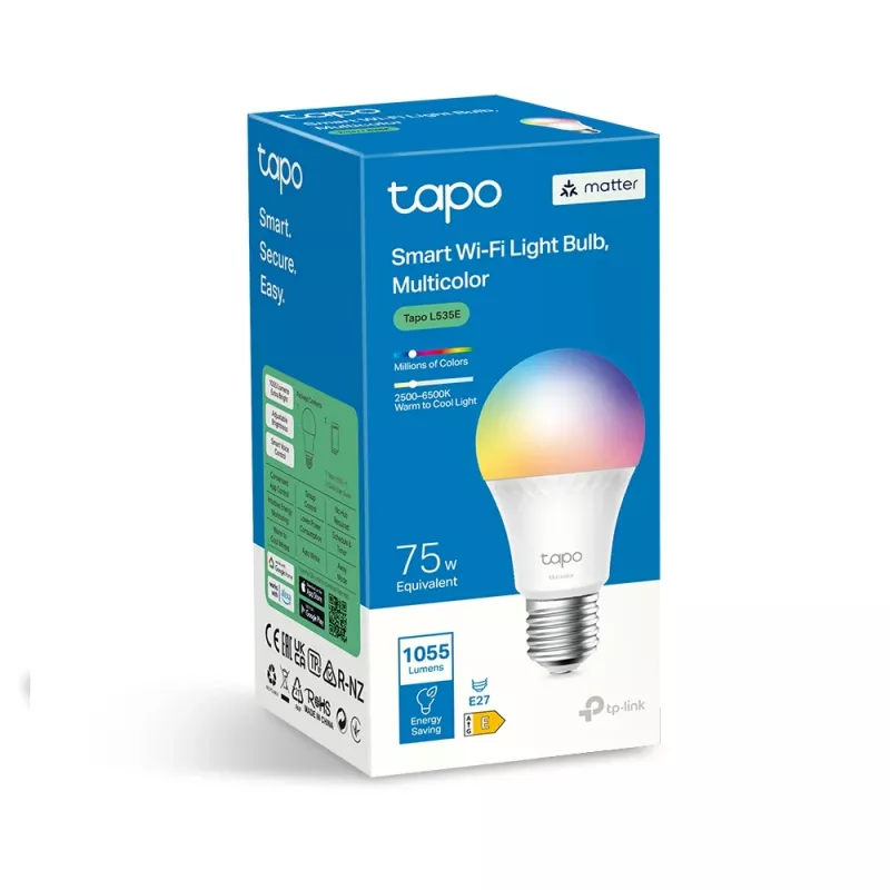 TP-Link Tapo Bombilla inteligente, Multicolor, Matter, bombilla inteligente, Wi-Fi/Bluetooth, blanca, 802.11b, 802.11g, Wi-Fi 4 (802.11n), WPA-PSK, WPA2-PSK, WPA3-SAE, LED