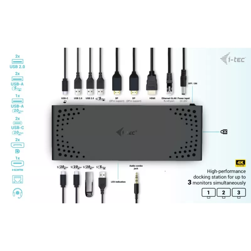 Estación de acoplamiento i-tec USB-C Triple Display Docking Station Gen 2 Power Delivery 100W Cableado 3.2