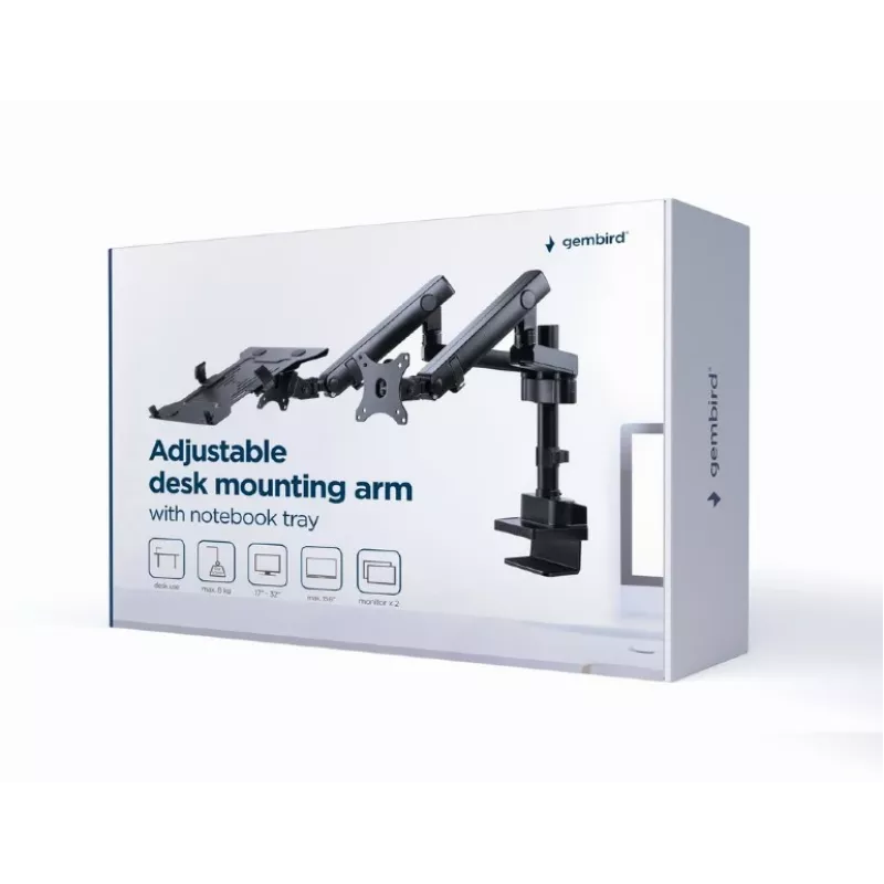 Brazo de monitor ajustable GEMBIRD para montaje en mesa con bandeja para portátil (movimiento completo)