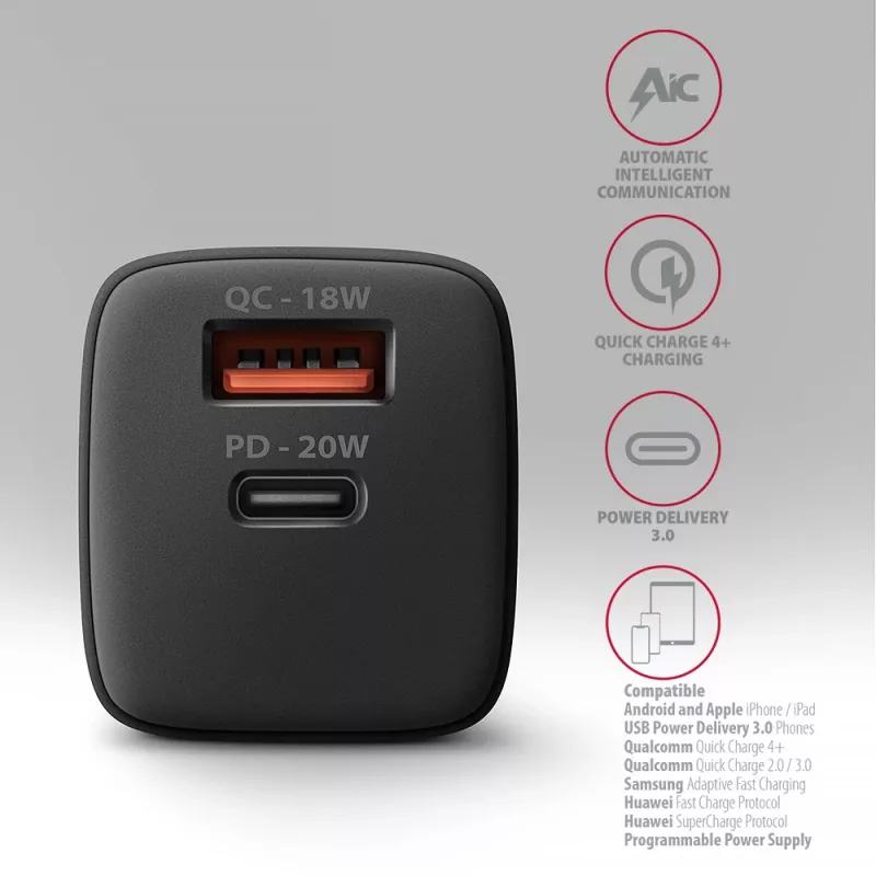 Cargador de pared Axagon ACU-PQ20 QC3.0 PD Type-C 20W Negro
