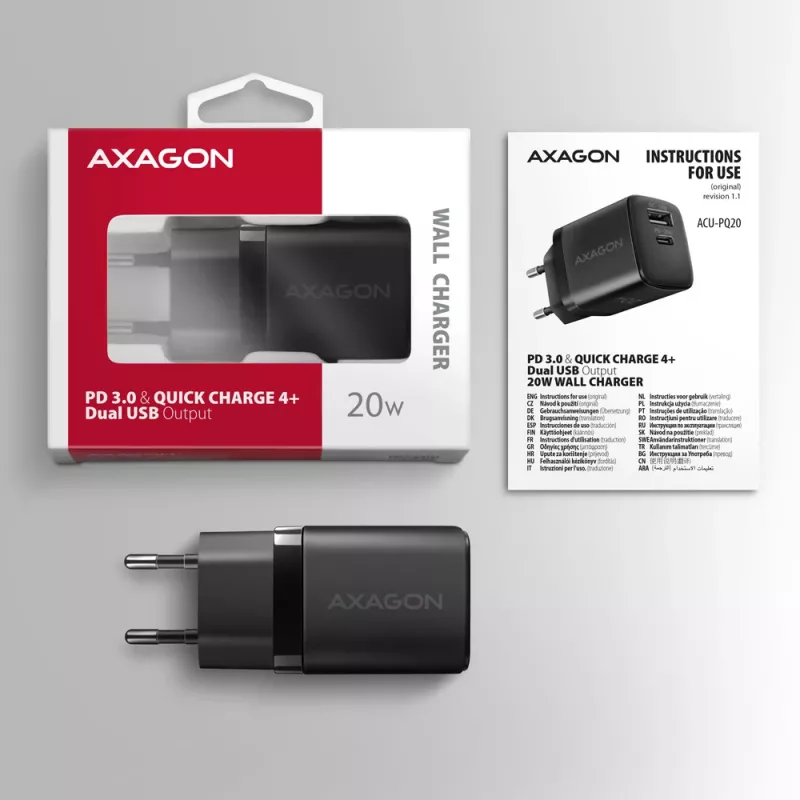 Cargador de pared Axagon ACU-PQ20 QC3.0 PD Type-C 20W Negro