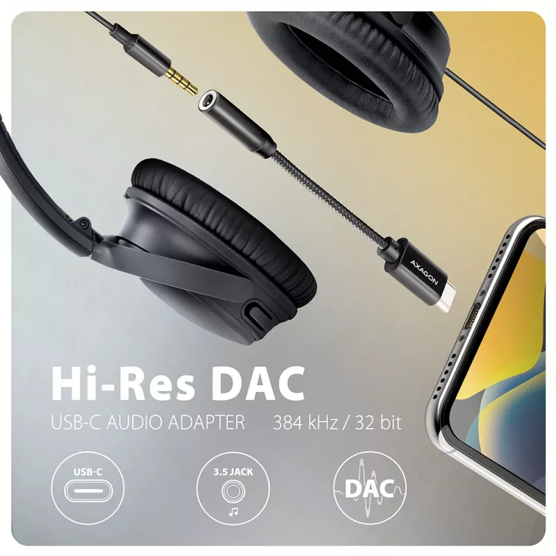 Axagon ADA-HC Adaptador de audio USB-C a jack de 3,5 mm – DAC Hi-Res, 384 kHz/32 Bit, Estéreo